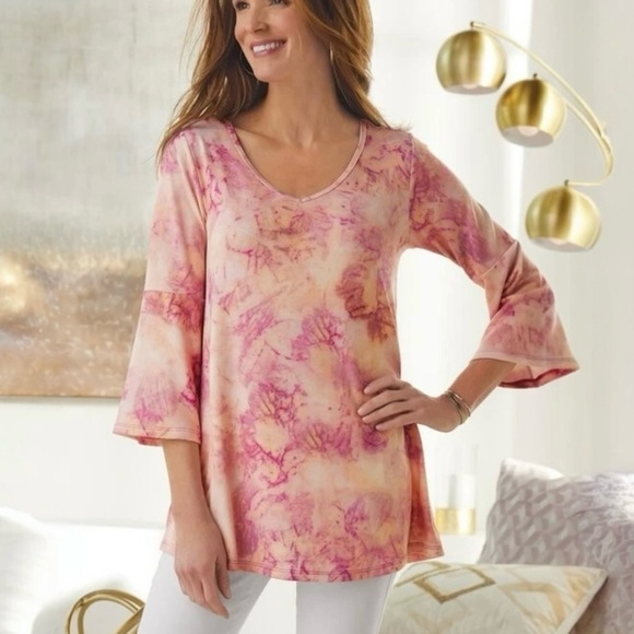 Soft Surroundings Tunic Top M Harbor Trace Sublimation Tie Dye 3/4 Bell Sleeve - Picture 1 of 9